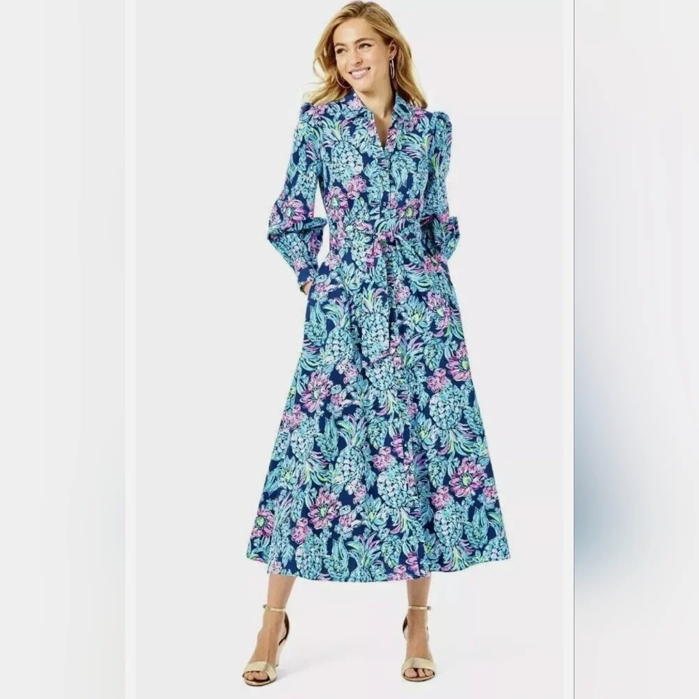NWT Mira stretch shirt dress high tide navy pineapple paradise size 6 - Picture 1 of 10